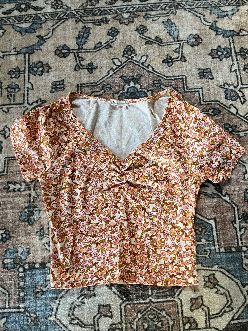 Vintage-Inspired Floral Ruched-Front Women's Top in Peach Pink Orange